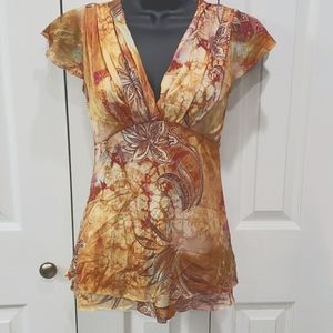 Printed Stretch Mesh Y2K Flutter Sleeve Empire Waist Top